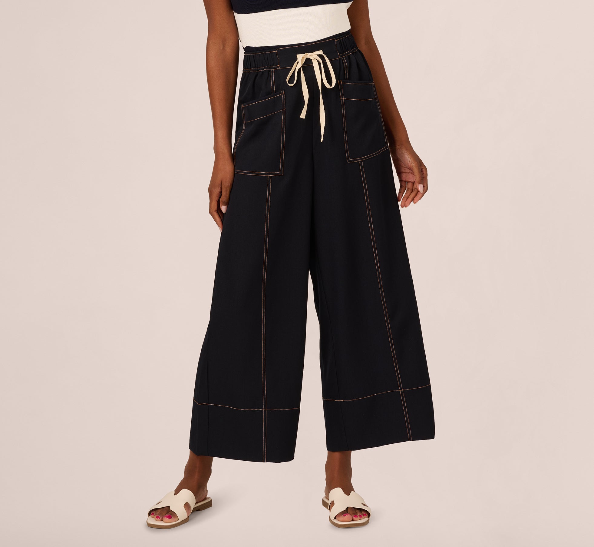 Contrast Stitched Wide Leg Drawstring Pant In Navy Khaki