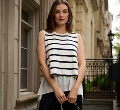 Tie Back Twofer Tank Sweater In Ivory Navy W  Ivory