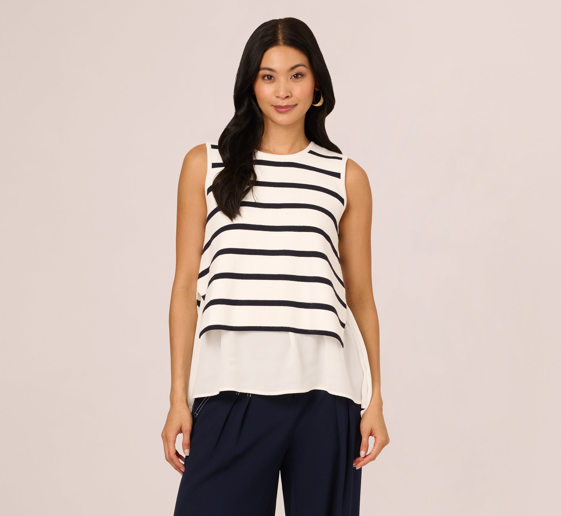 Tie Back Twofer Tank Sweater In Ivory Navy W  Ivory
