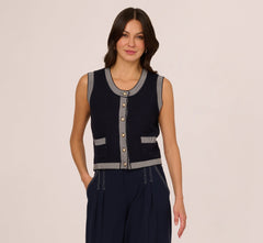 Striped Trim Cardigan Sweater Vest In Navy Ivory