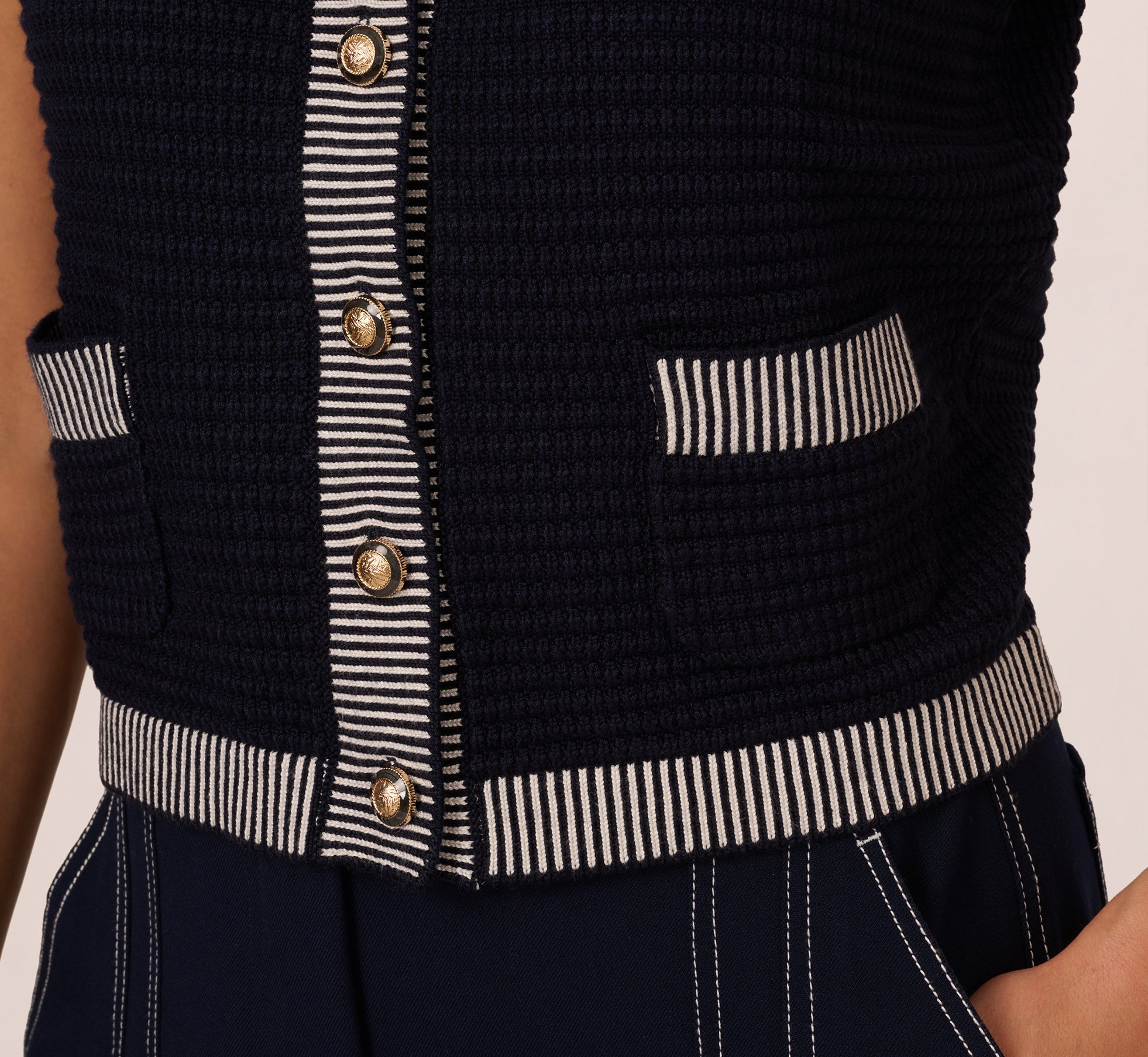 Striped Trim Cardigan Sweater Vest In Navy Ivory