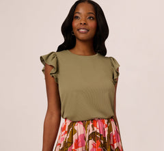 Flutter Sleeve Rib Knit Top In Army Green