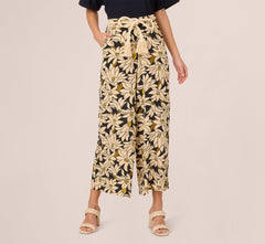 Rope Belt Floral Printed Wide Leg Pant In Black Olive Lily