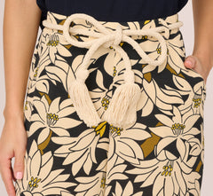 Rope Belt Floral Printed Wide Leg Pant In Black Olive Lily