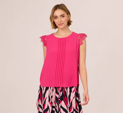 Sleeveless Lace Shoulder Pintucked Top In Hot Pink