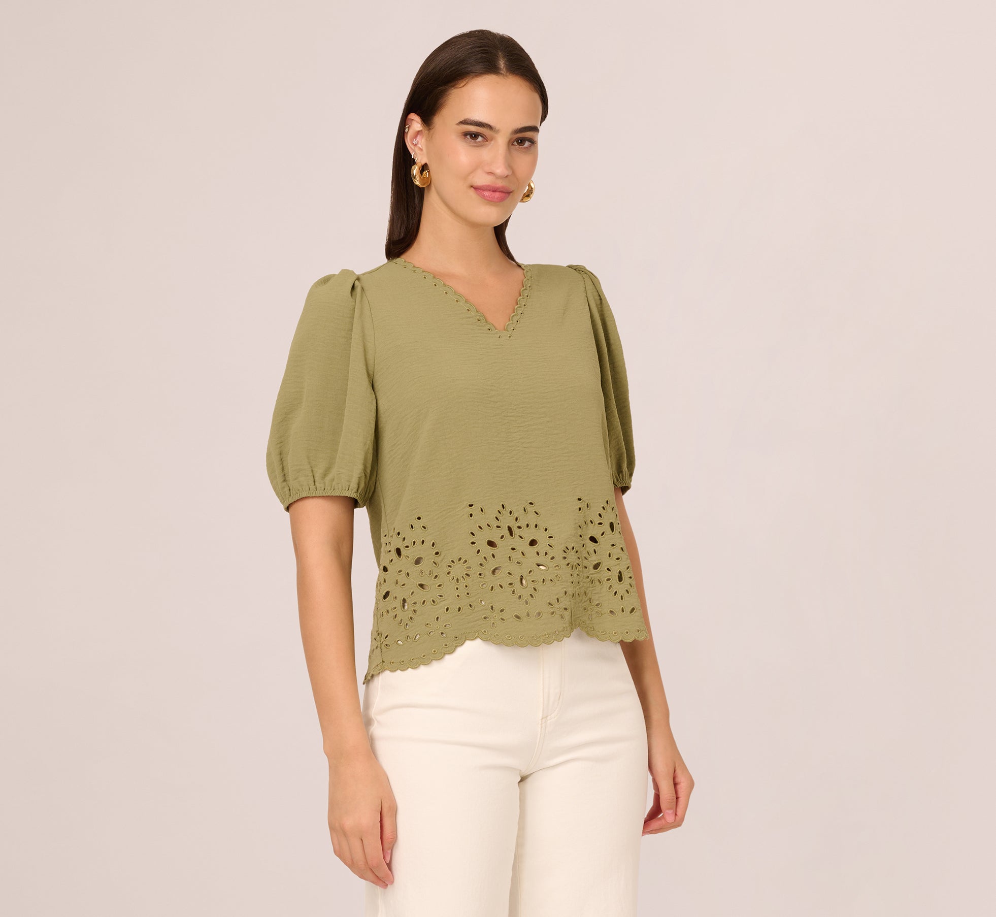 Short Sleeve Scalloped Eyelet Top In Oil Green