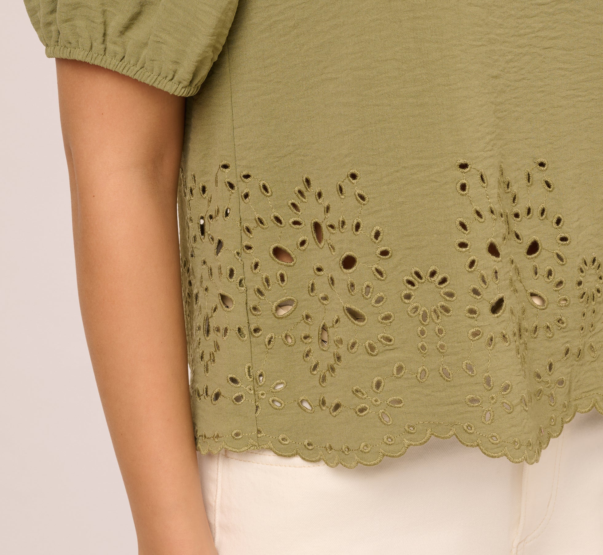 Short Sleeve Scalloped Eyelet Top In Oil Green