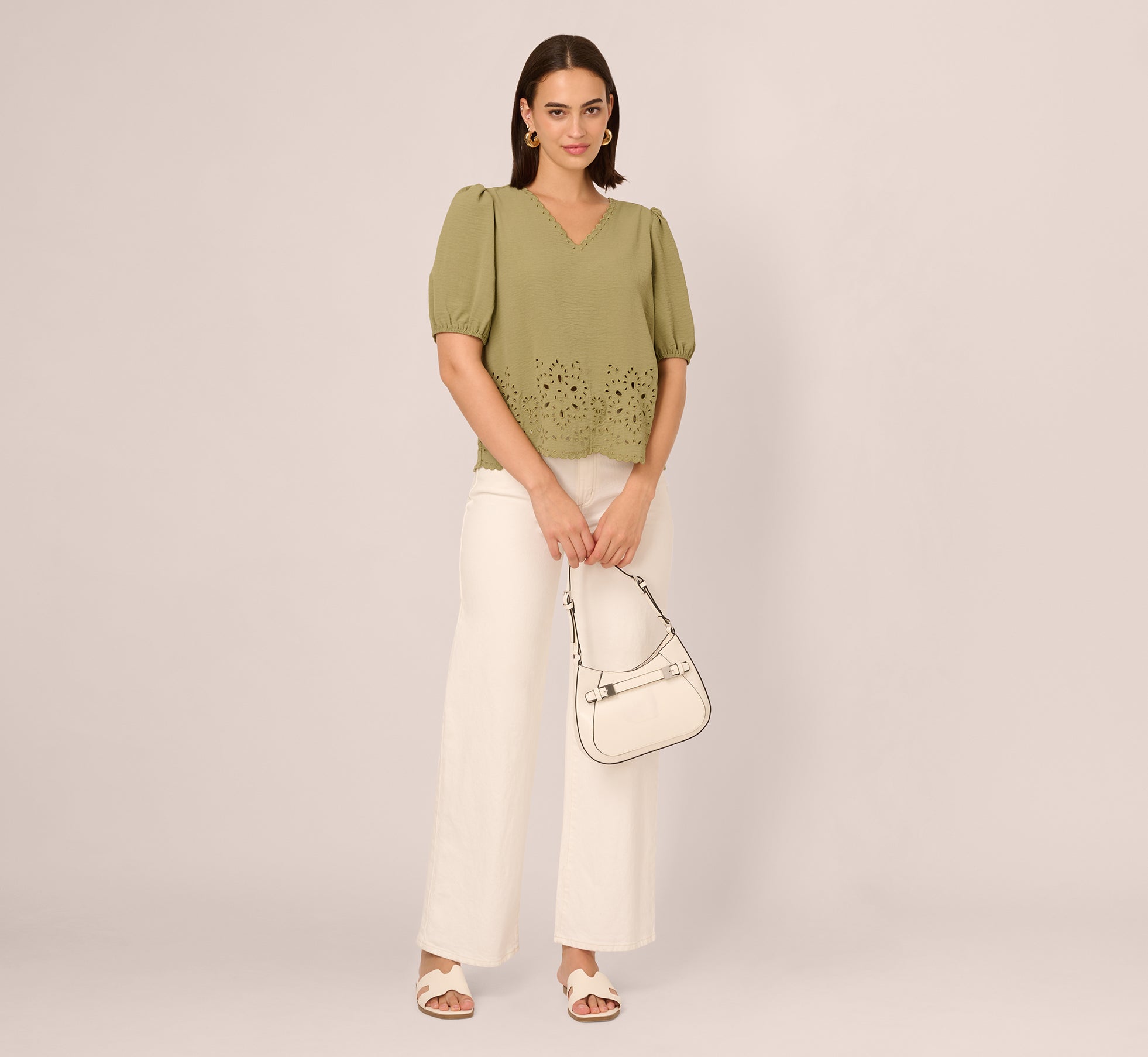 Short Sleeve Scalloped Eyelet Top In Oil Green