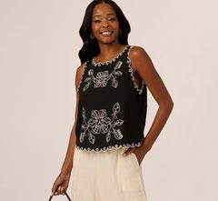 Sleeveless Cropped Floral Embroidered Top In Black Ivory