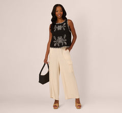 Sleeveless Cropped Floral Embroidered Top In Black Ivory