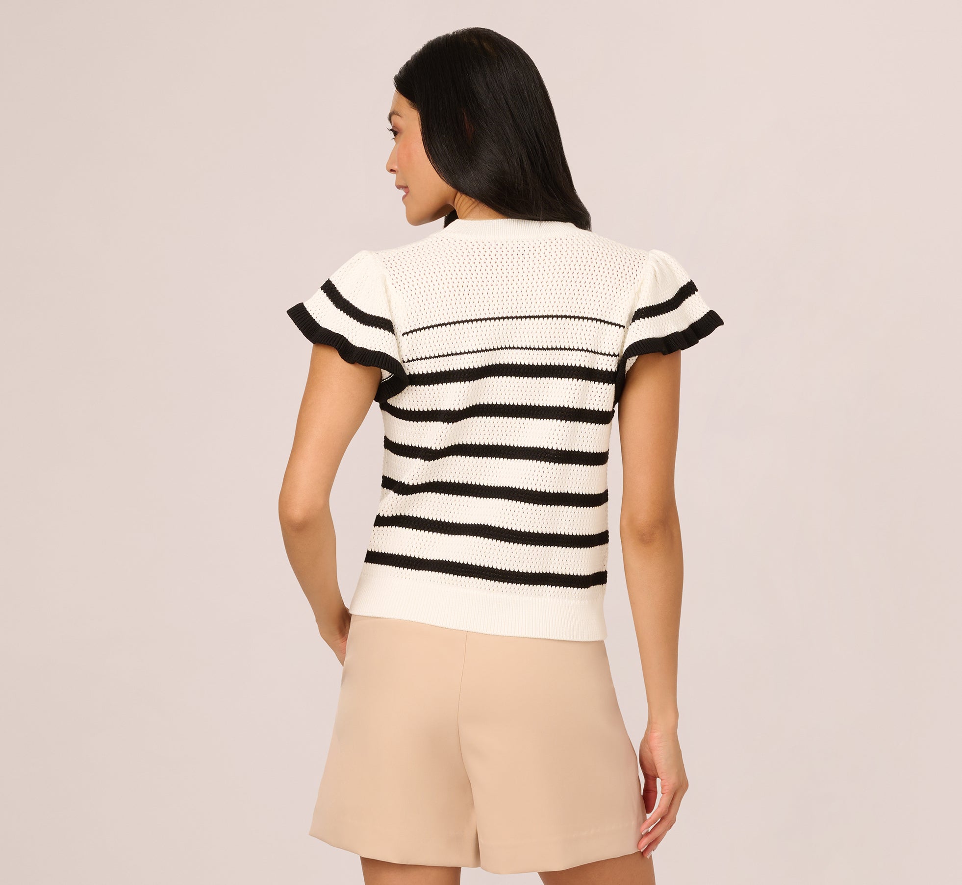 Flounce Sleeve Open Knit Sweater Top In Ivory Black