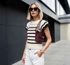 Flounce Sleeve Open Knit Sweater Top In Ivory Black