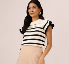 Flounce Sleeve Open Knit Sweater Top In Ivory Black