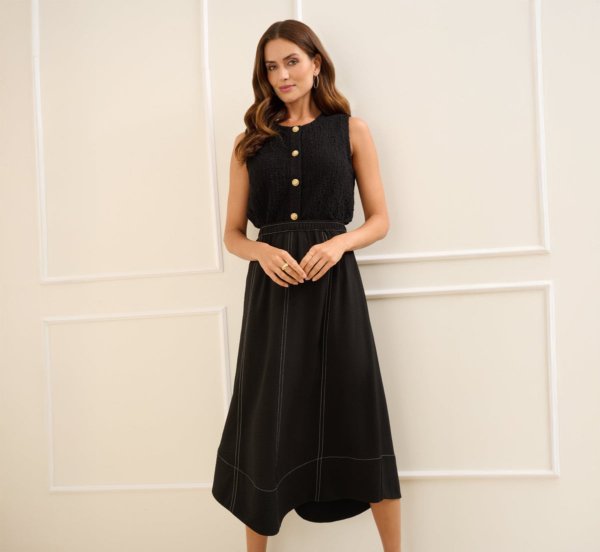 Contrast Stitching A Line Midi Skirt In Black Ivory