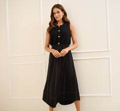 Contrast Stitching A Line Midi Skirt In Black Ivory