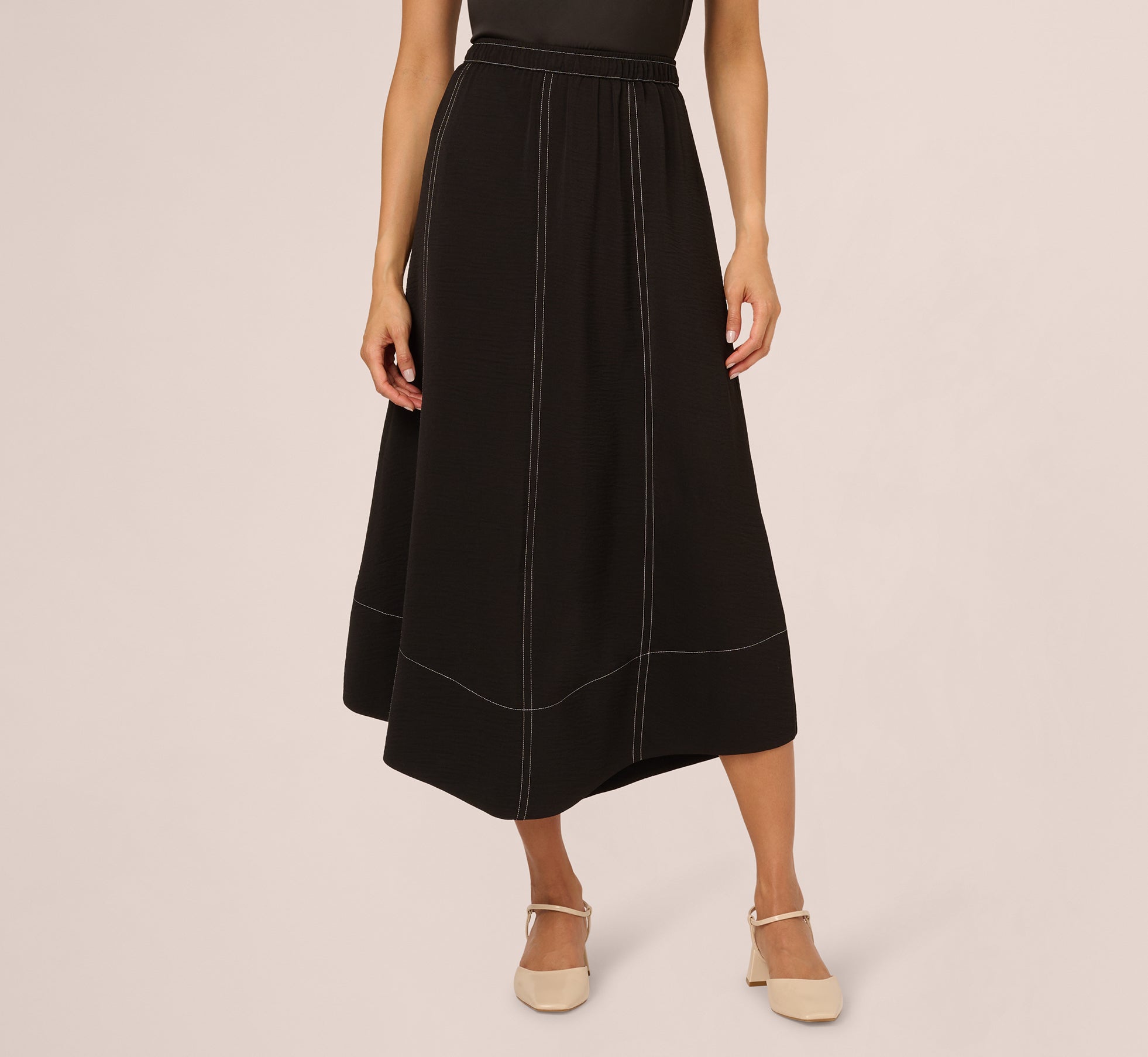 Contrast Stitching A Line Midi Skirt In Black Ivory