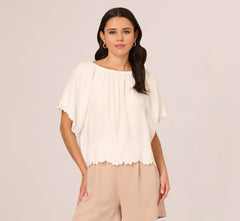 Short Sleeve Semisheer Scalloped Embroidery Top In Ivory