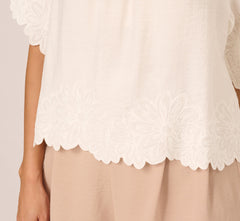 Short Sleeve Semisheer Scalloped Embroidery Top In Ivory