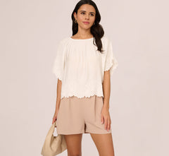Short Sleeve Semisheer Scalloped Embroidery Top In Ivory