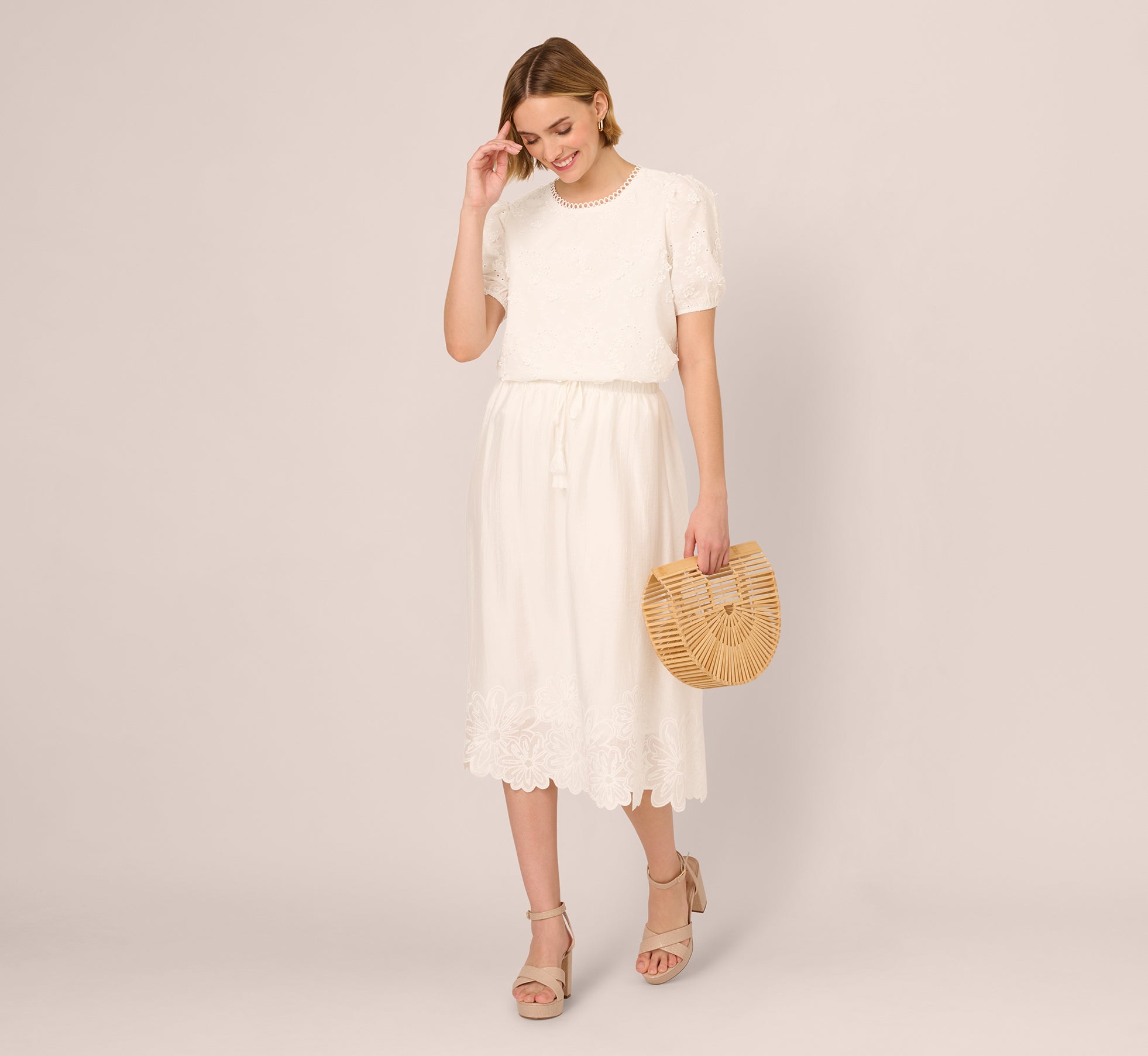 Floral Embroidered Hem Midi Skirt In Ivory
