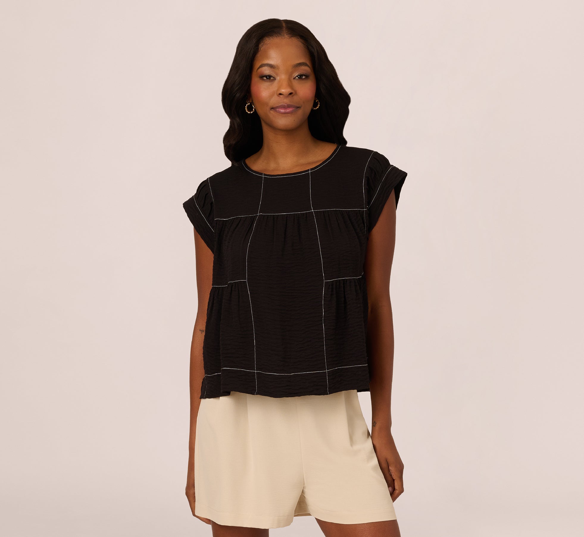 Extended Shoulder Contrast Stitch Yoke Top In Black Ivory
