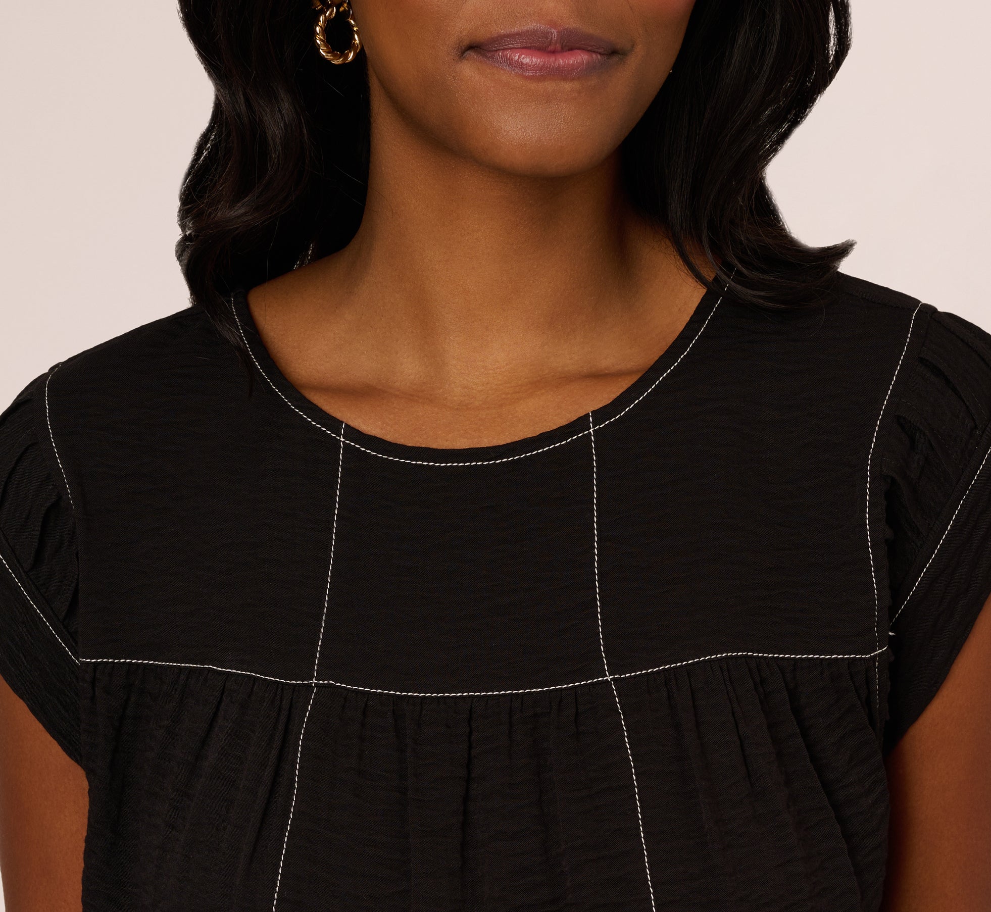 Extended Shoulder Contrast Stitch Yoke Top In Black Ivory