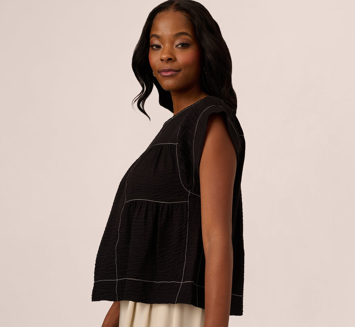 Extended Shoulder Contrast Stitch Yoke Top In Black Ivory