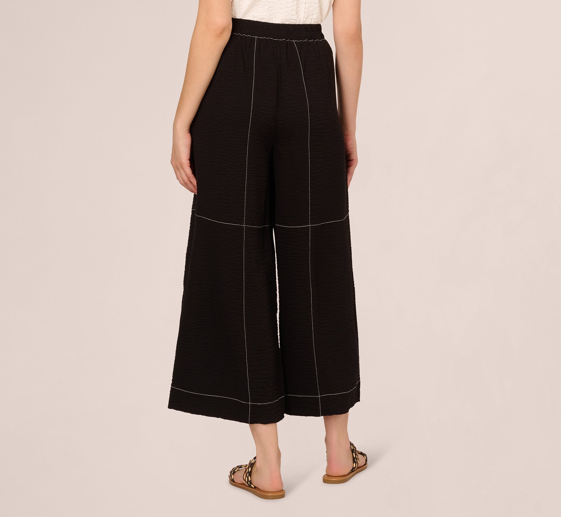 Contrast Stitching Crinkle Midi Pant In Black Ivory