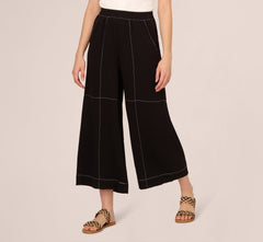 Contrast Stitching Crinkle Midi Pant In Black Ivory