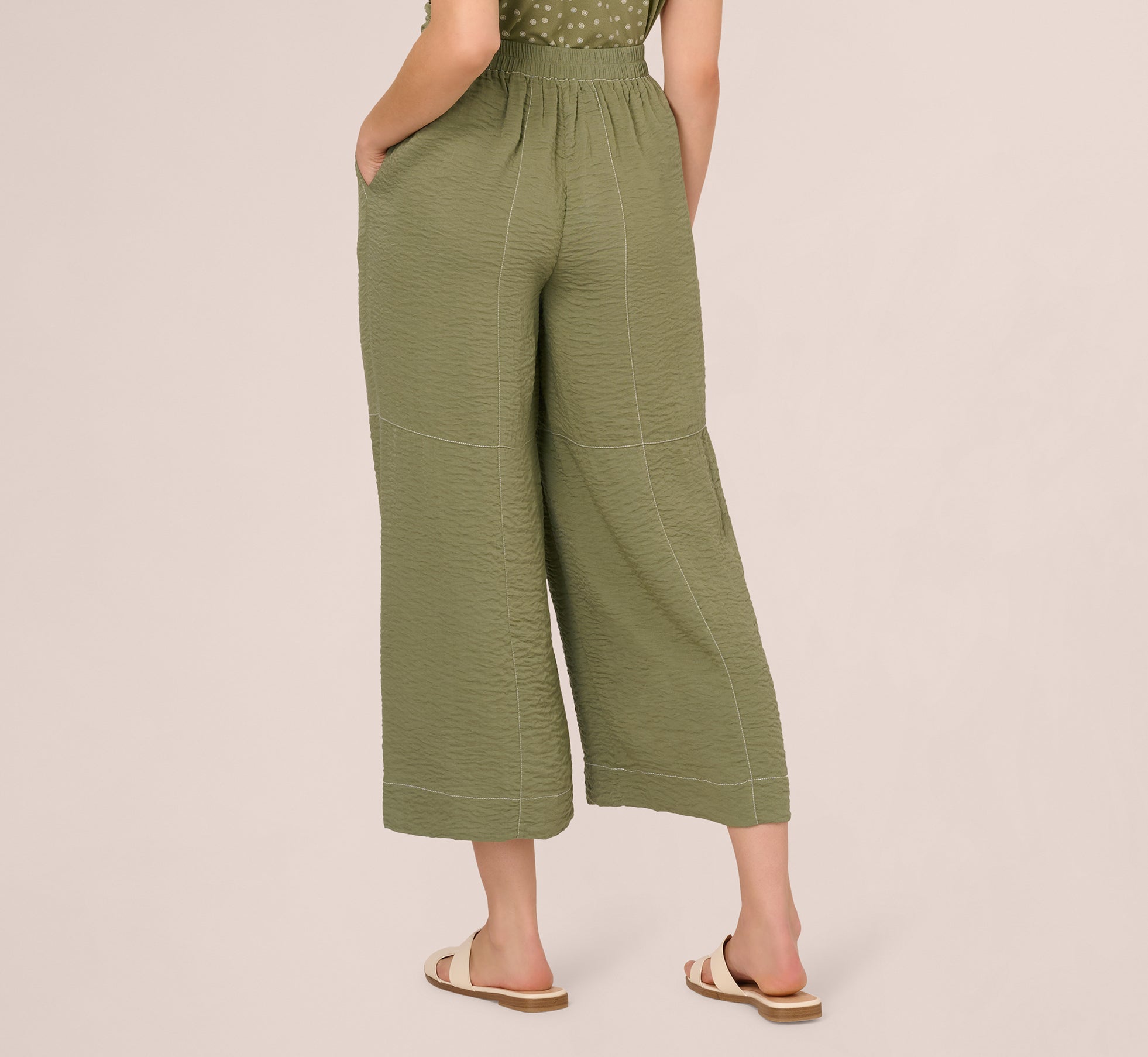 Contrast Stitching Crinkle Midi Pant In Oil Green Ivory