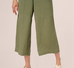 Contrast Stitching Crinkle Midi Pant In Oil Green Ivory