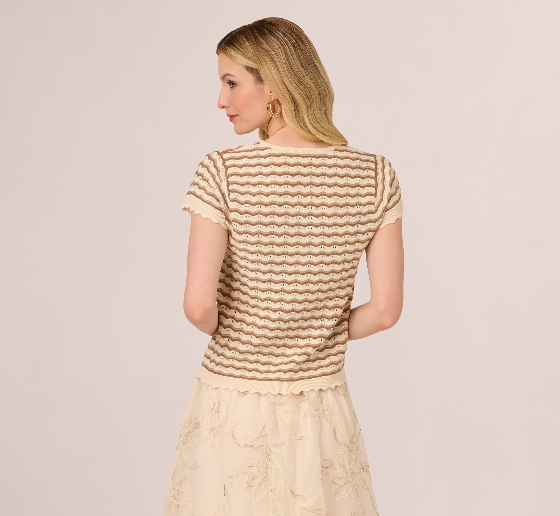 Cap Sleeve Wavy Pointelle Knit Top In Neutral Combo