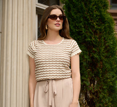 Cap Sleeve Wavy Pointelle Knit Top In Neutral Combo