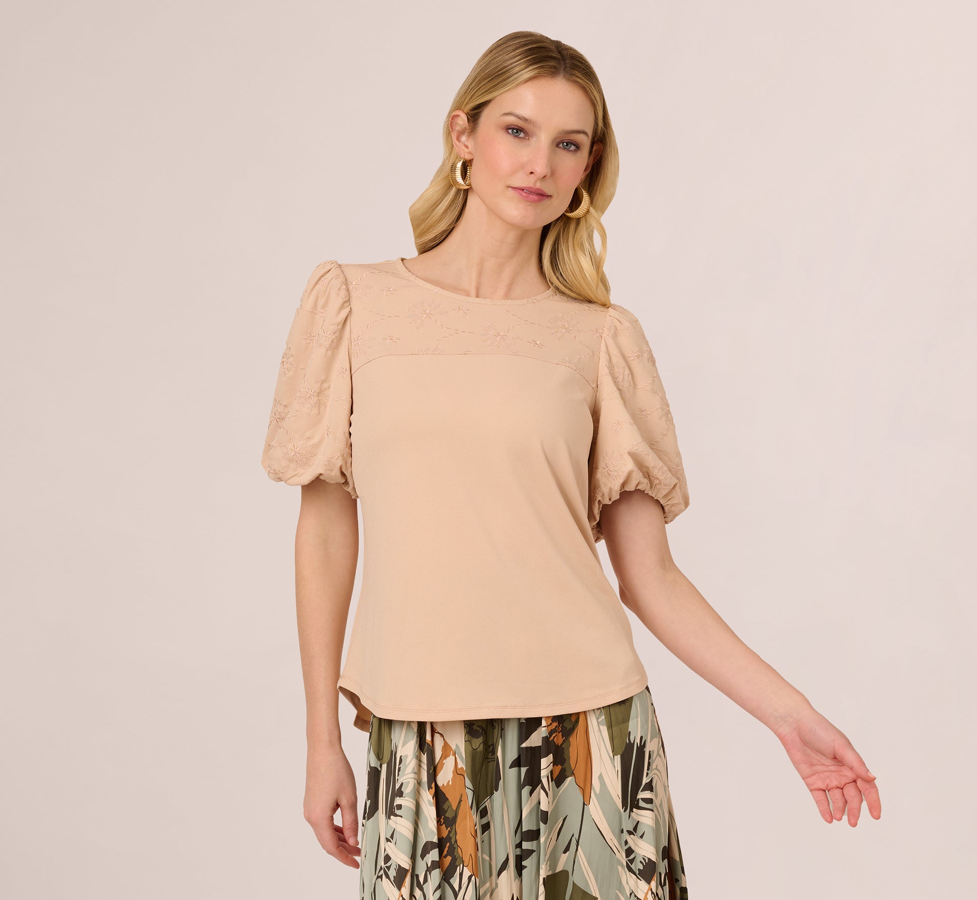 Bubble Sleeve Embroidered Top In Champagne Blush