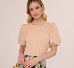 Bubble Sleeve Embroidered Top In Champagne Blush