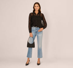 Long Sleeve Sheer Floral Eyelet Lace Blouse In Black