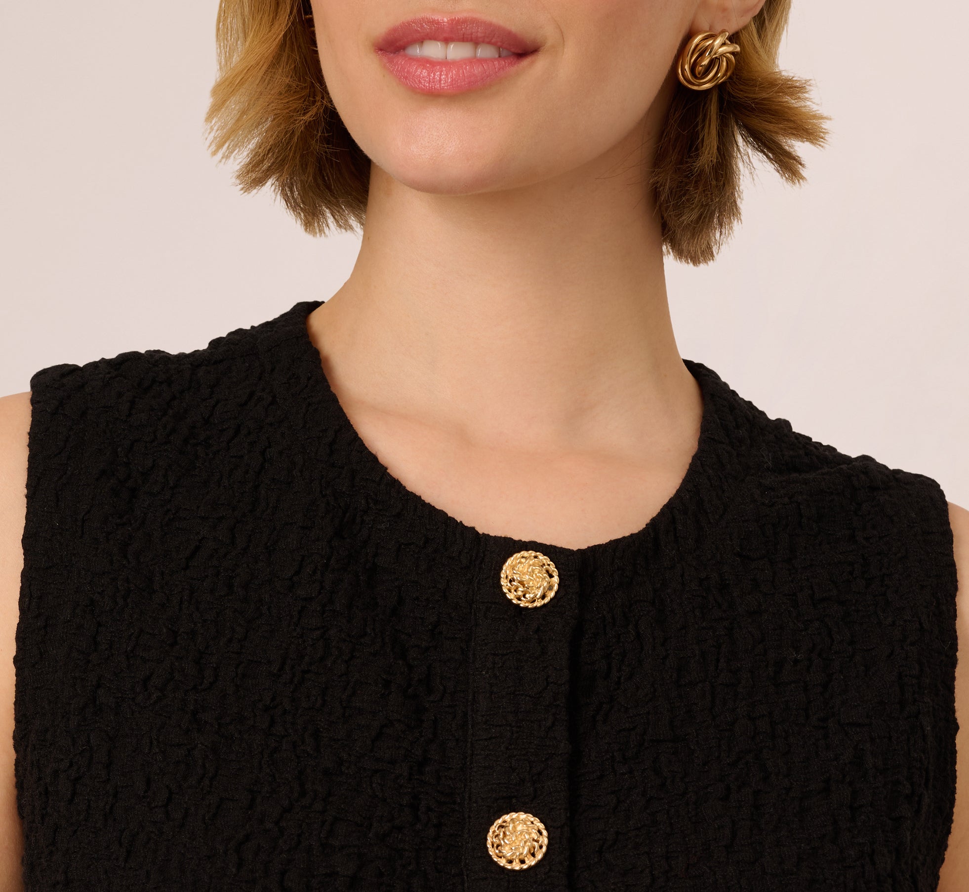 Crew Neck Textured Vest Cardigan In Black