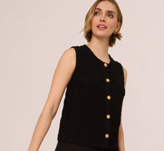 Crew Neck Textured Vest Cardigan In Black