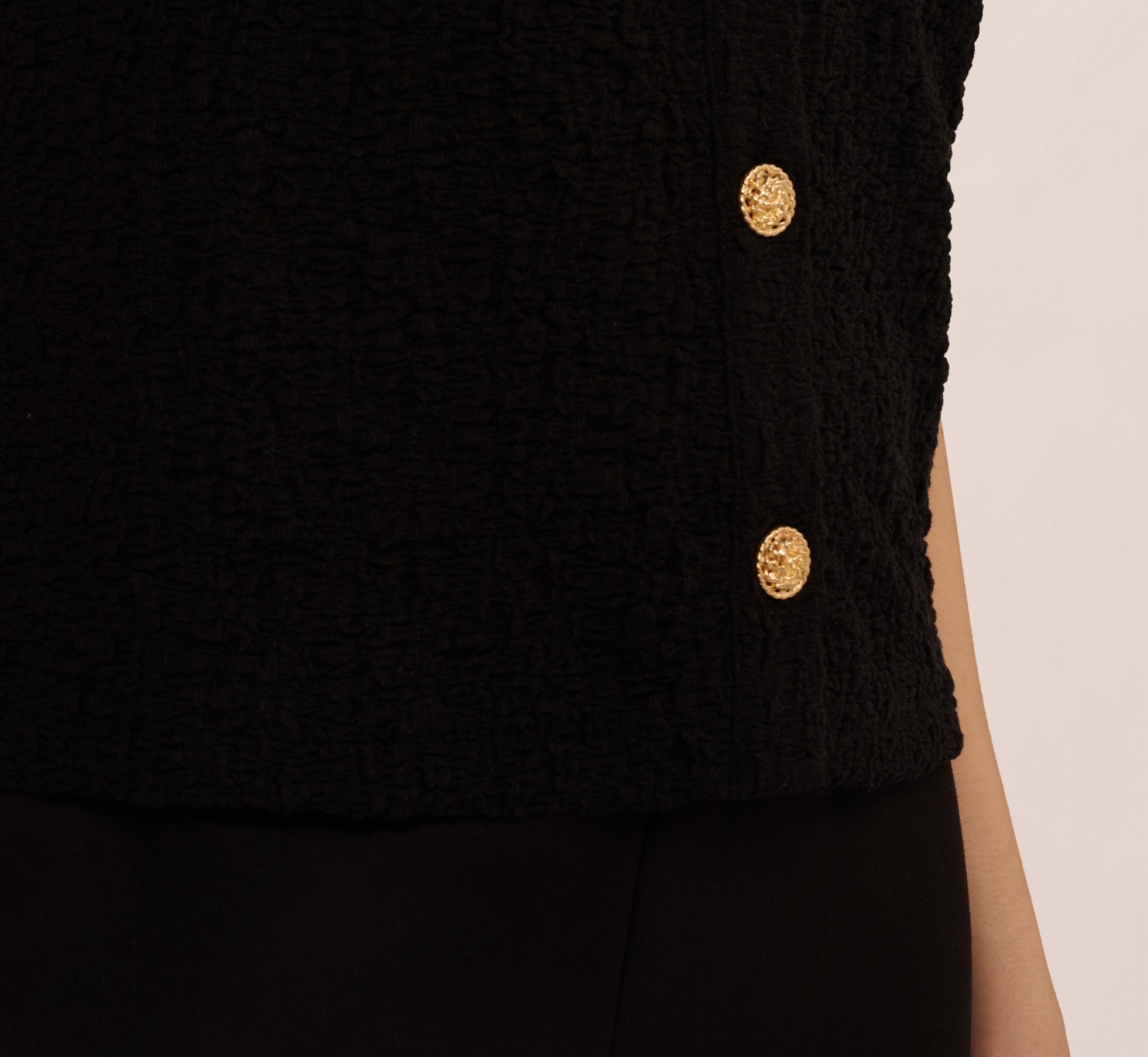 Crew Neck Textured Vest Cardigan In Black