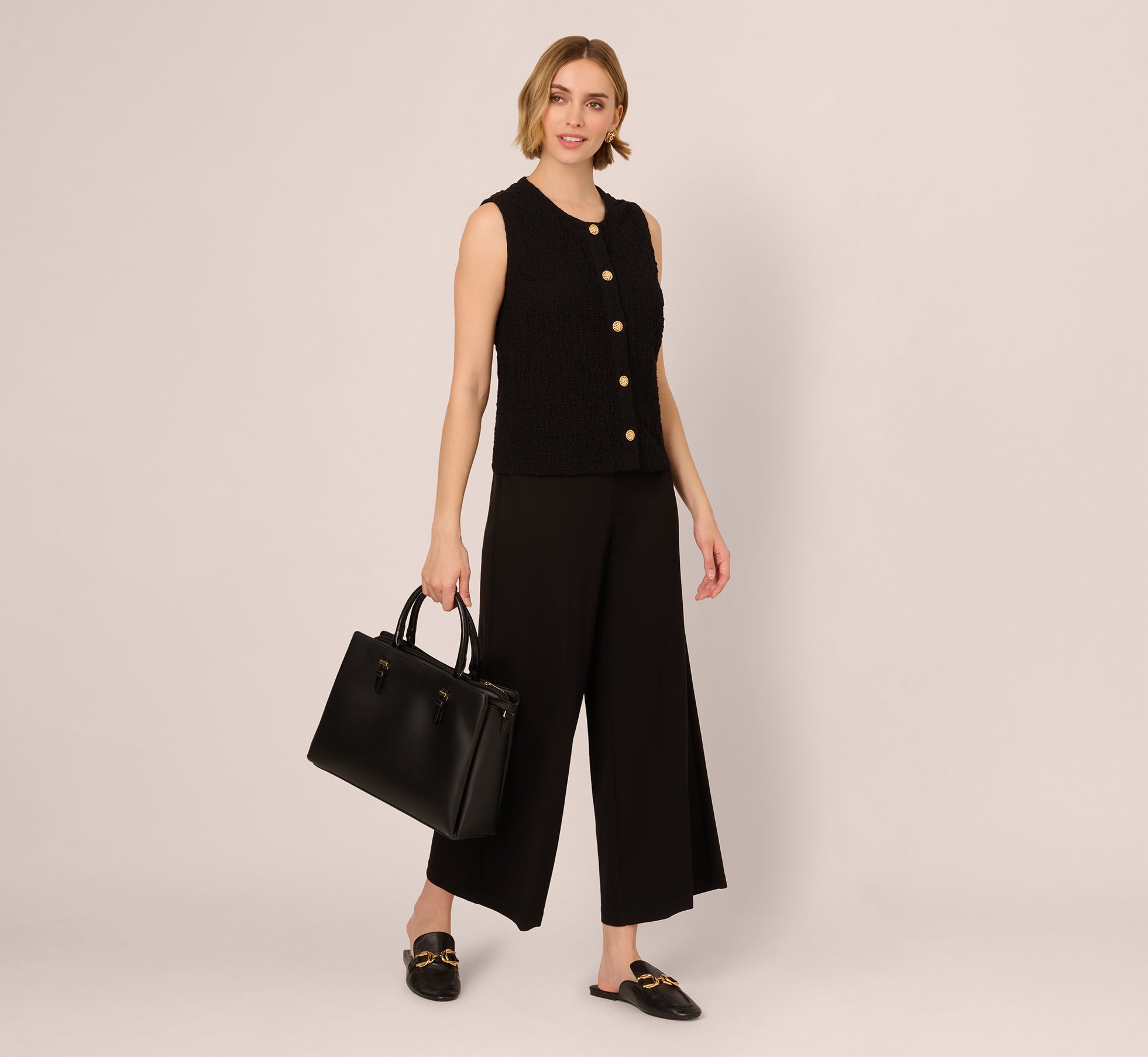 Crew Neck Textured Vest Cardigan In Black