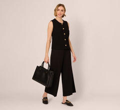 Crew Neck Textured Vest Cardigan In Black