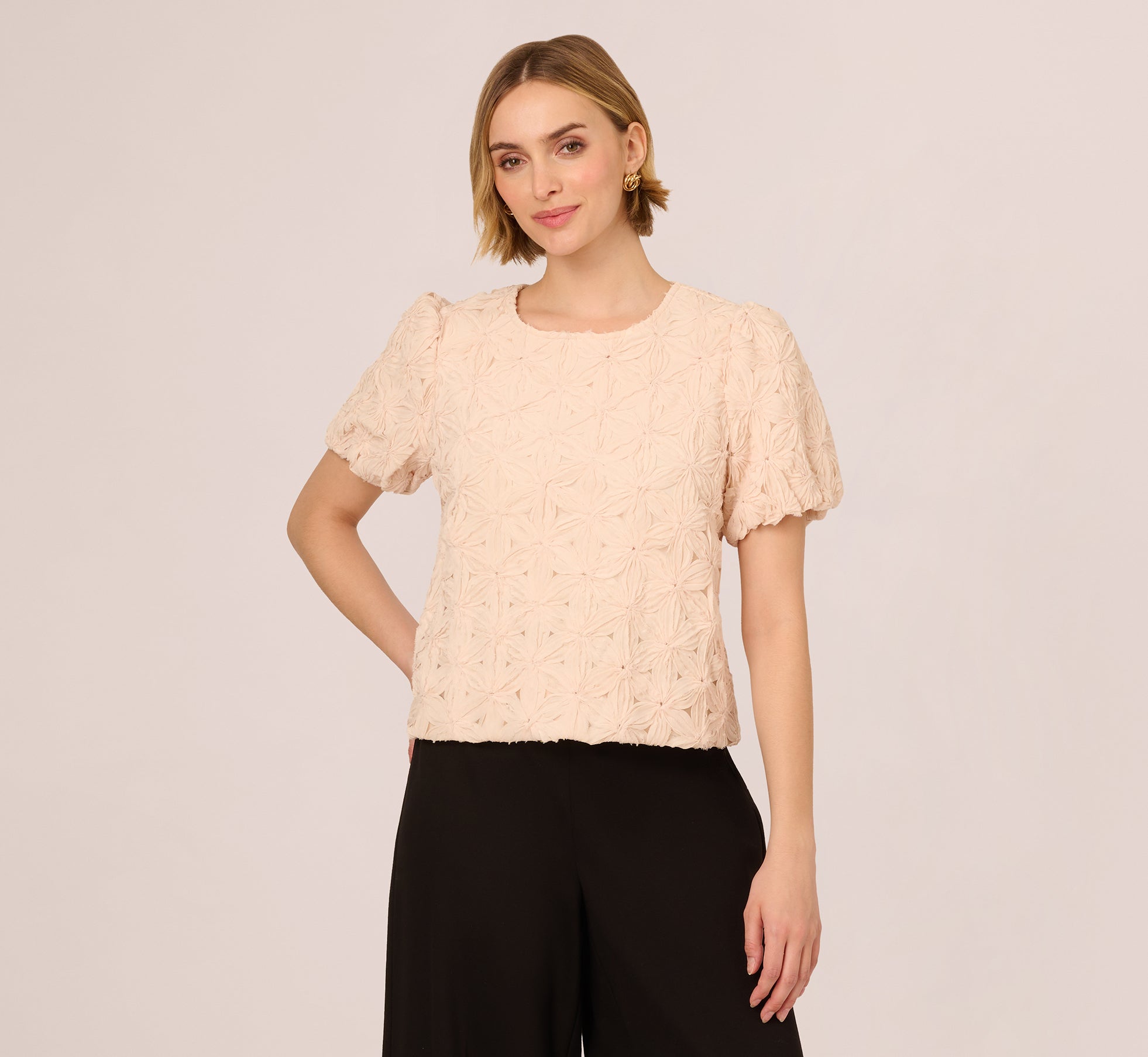 Short Sleeve Floral Crochet Texture Top In Sand Dollar
