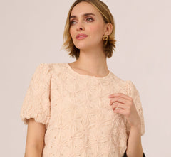 Short Sleeve Floral Crochet Texture Top In Sand Dollar