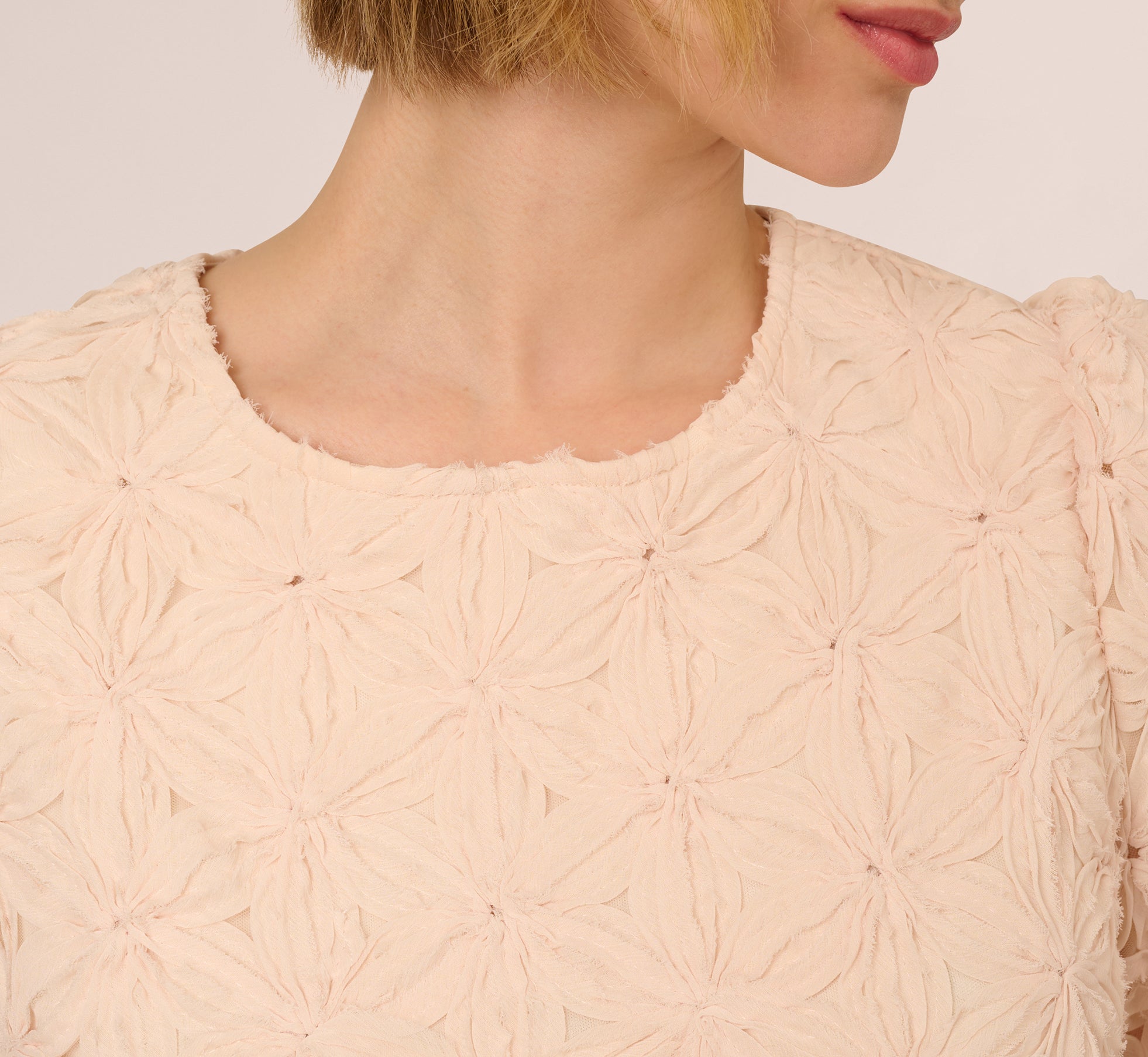 Short Sleeve Floral Crochet Texture Top In Sand Dollar