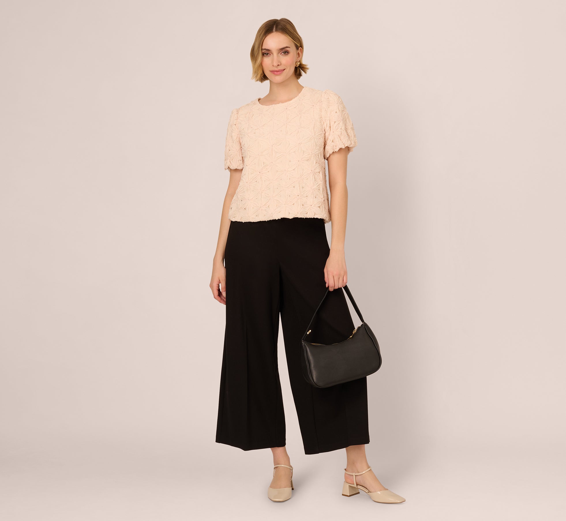 Short Sleeve Floral Crochet Texture Top In Sand Dollar