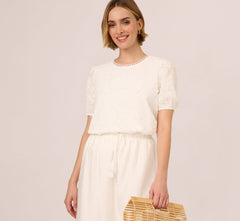 Short Sleeve 3D Eyelet Top In White