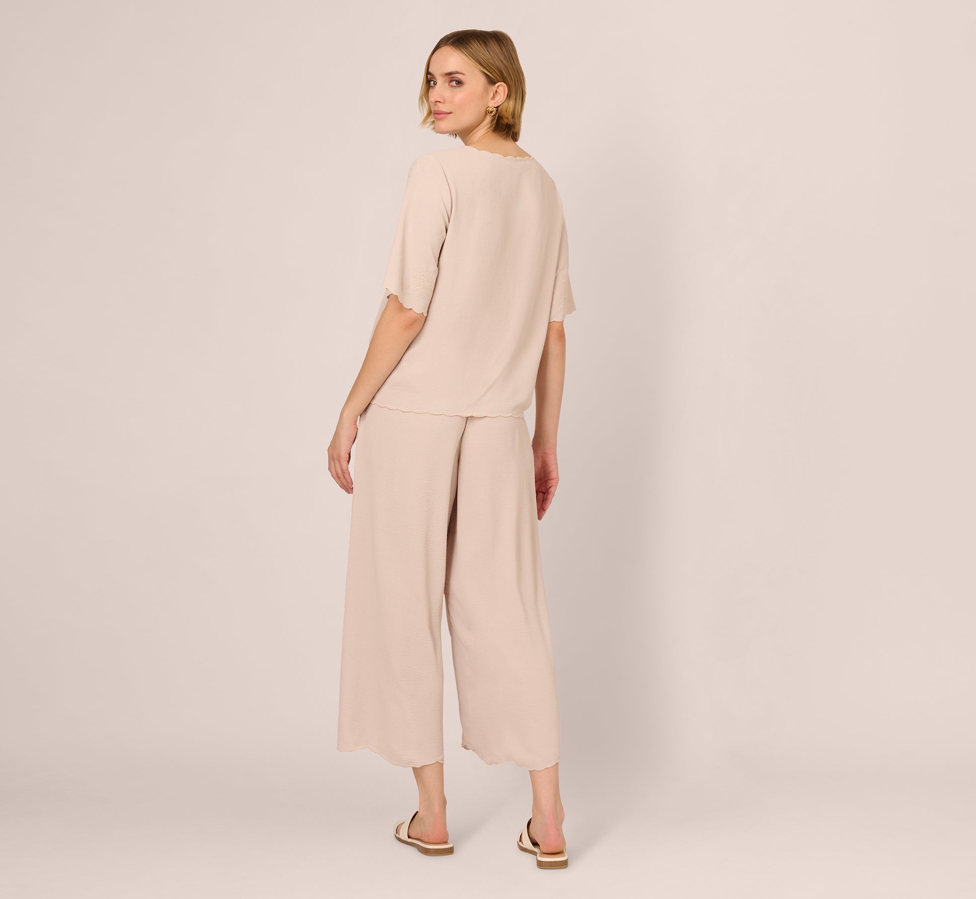 Embroidered Airflow Top And Wide Leg Pant Set In Pebble