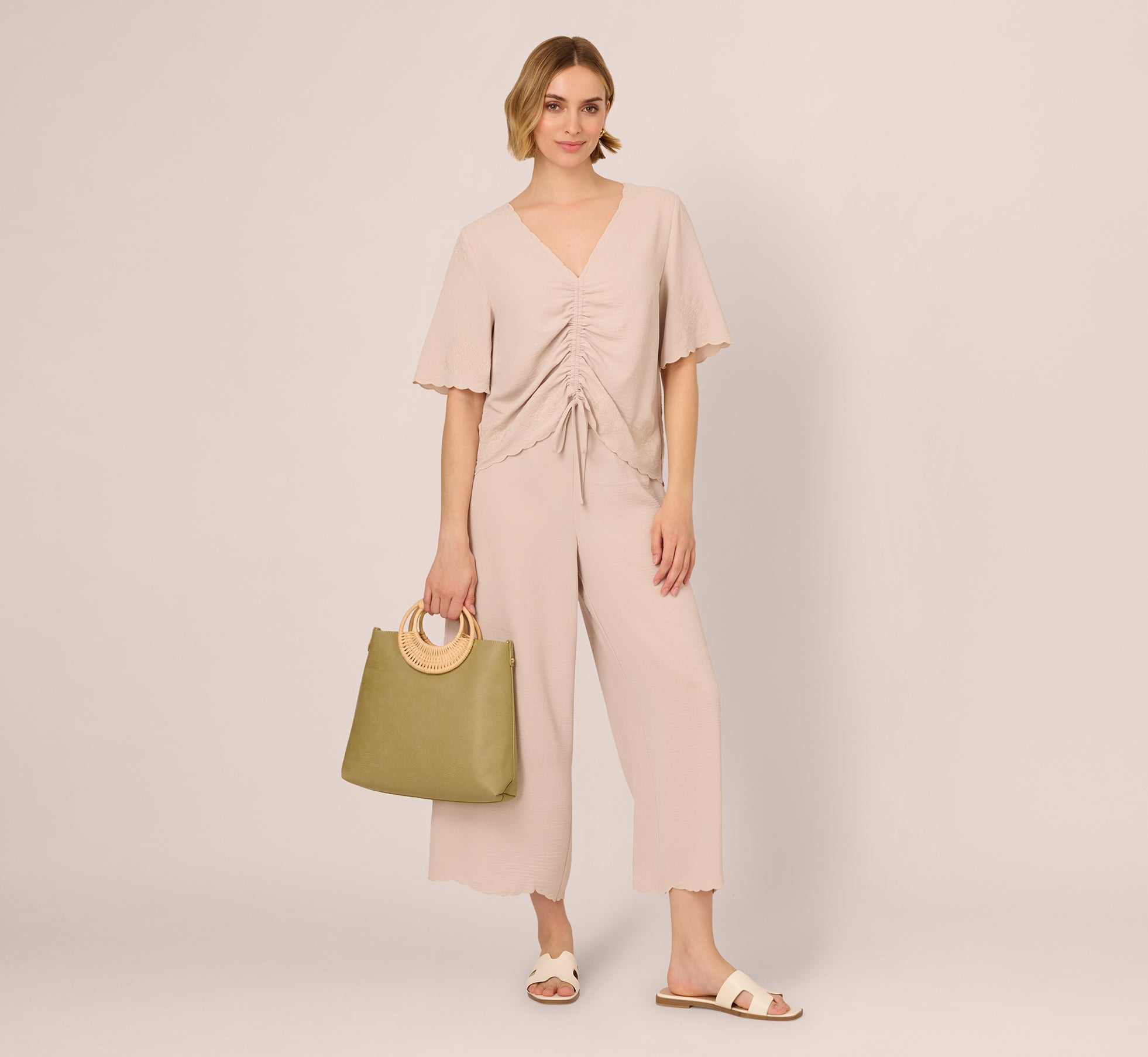 Embroidered Airflow Top And Wide Leg Pant Set In Pebble