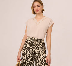 Sleeveless Embroidered V Neck Top In Pebble