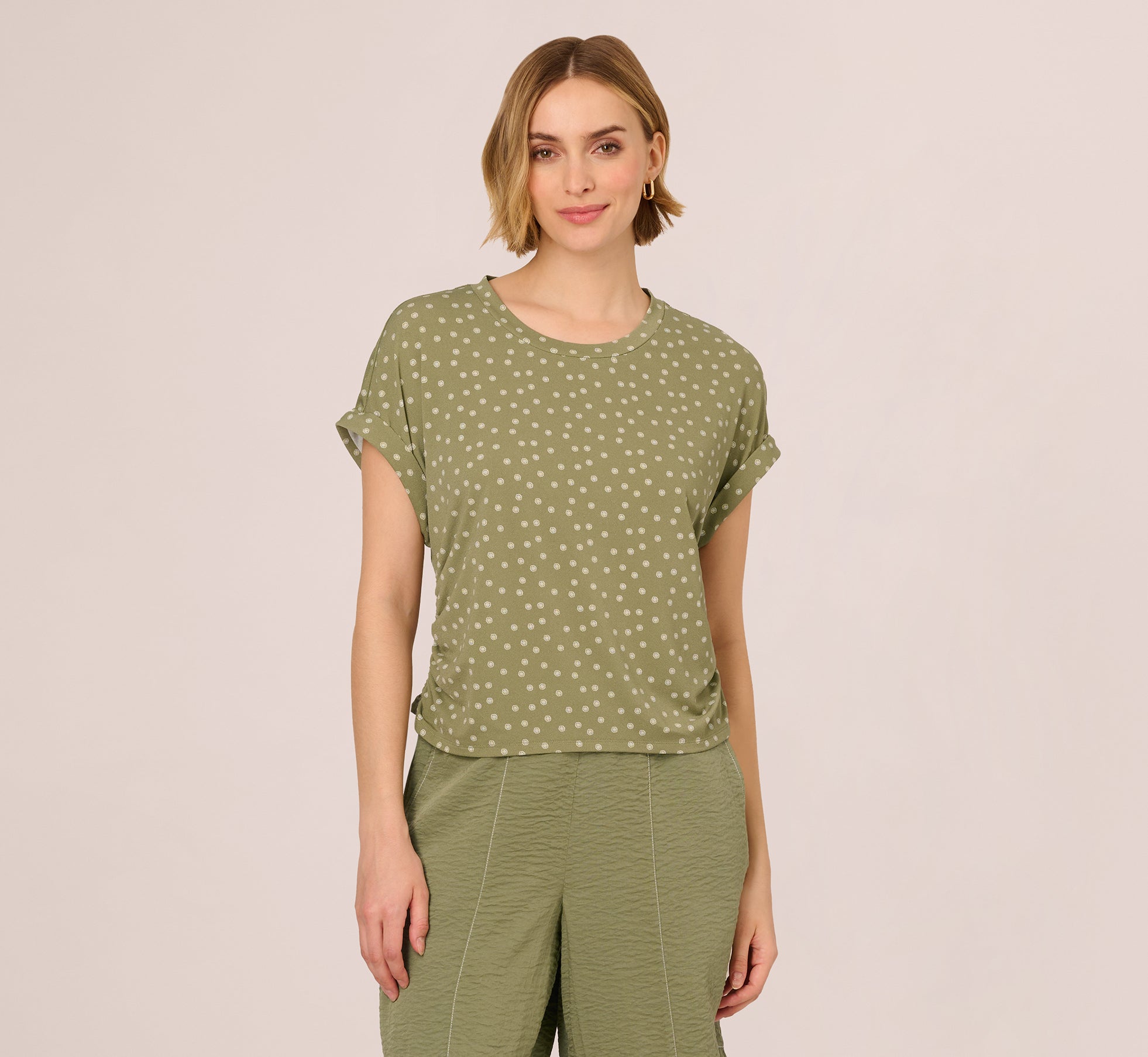 Cap Sleeve Ruched Side Top In Oil Green Scribble Daisy